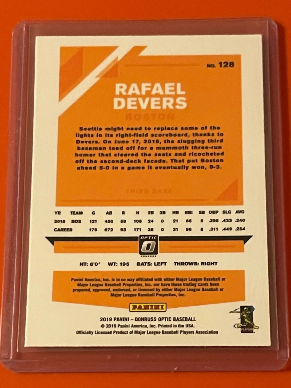 Rafael Devers #128 2019 Panini Donruss Optic Baseball Trading Card